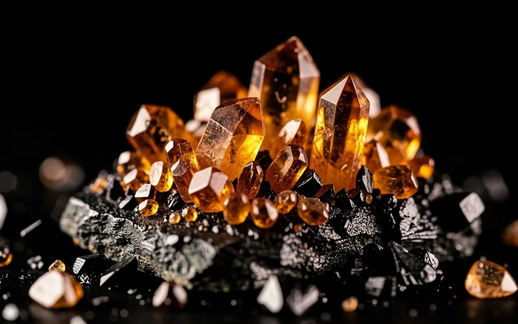 Bronze mineral crystals on dark surface