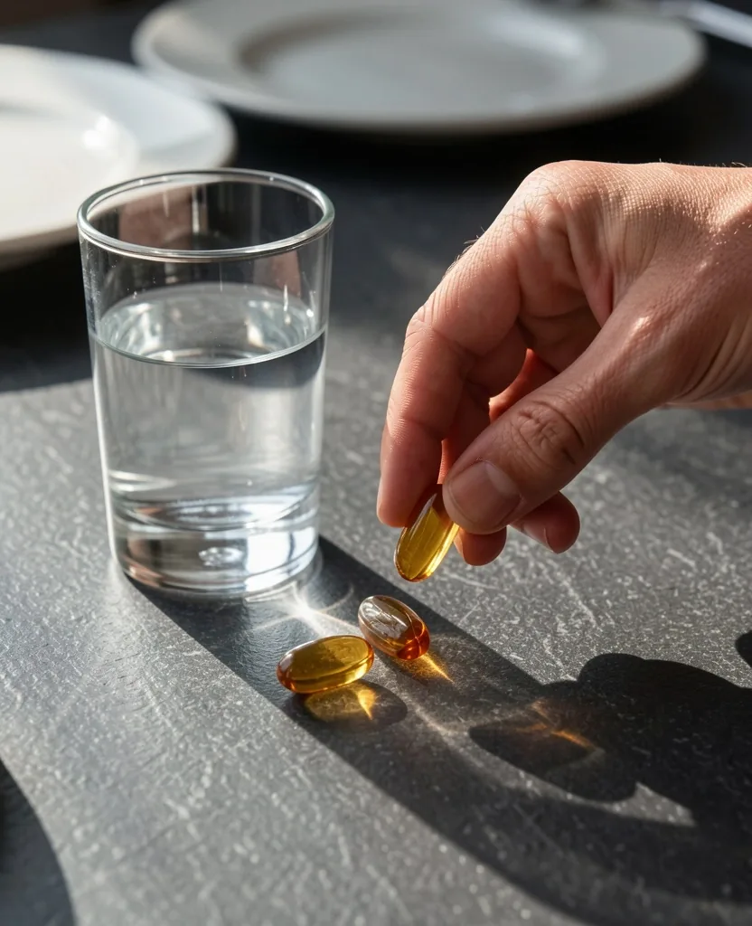 Hand placing supplements beside water glass at breakfast