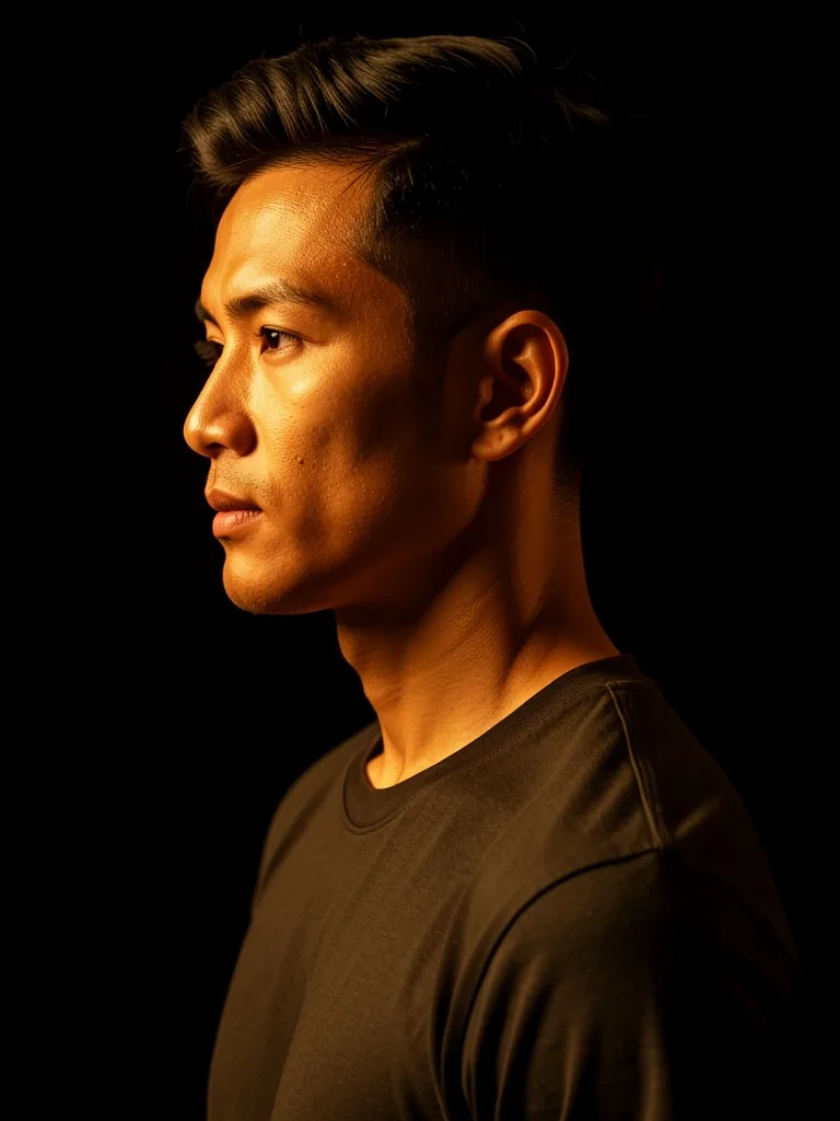 Composed portrait of a man in warm bronze studio lighting