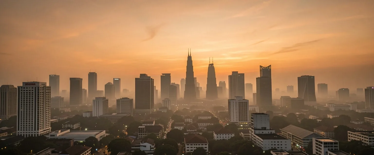 Jakarta skyline at dusk with warm bronze sky
