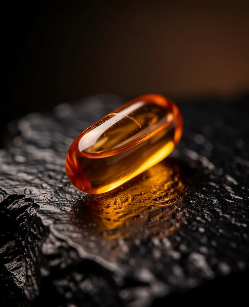 Macro view of a vitamin capsule on dark stone